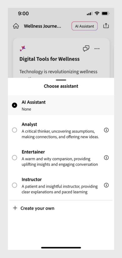 Nagpapakita ang PDF Space sa Acrobat mobile ng mga opsyon para piliin ang AI Assistant, tulad ng Analyst o Entertainer para sa personalized na mga insight.