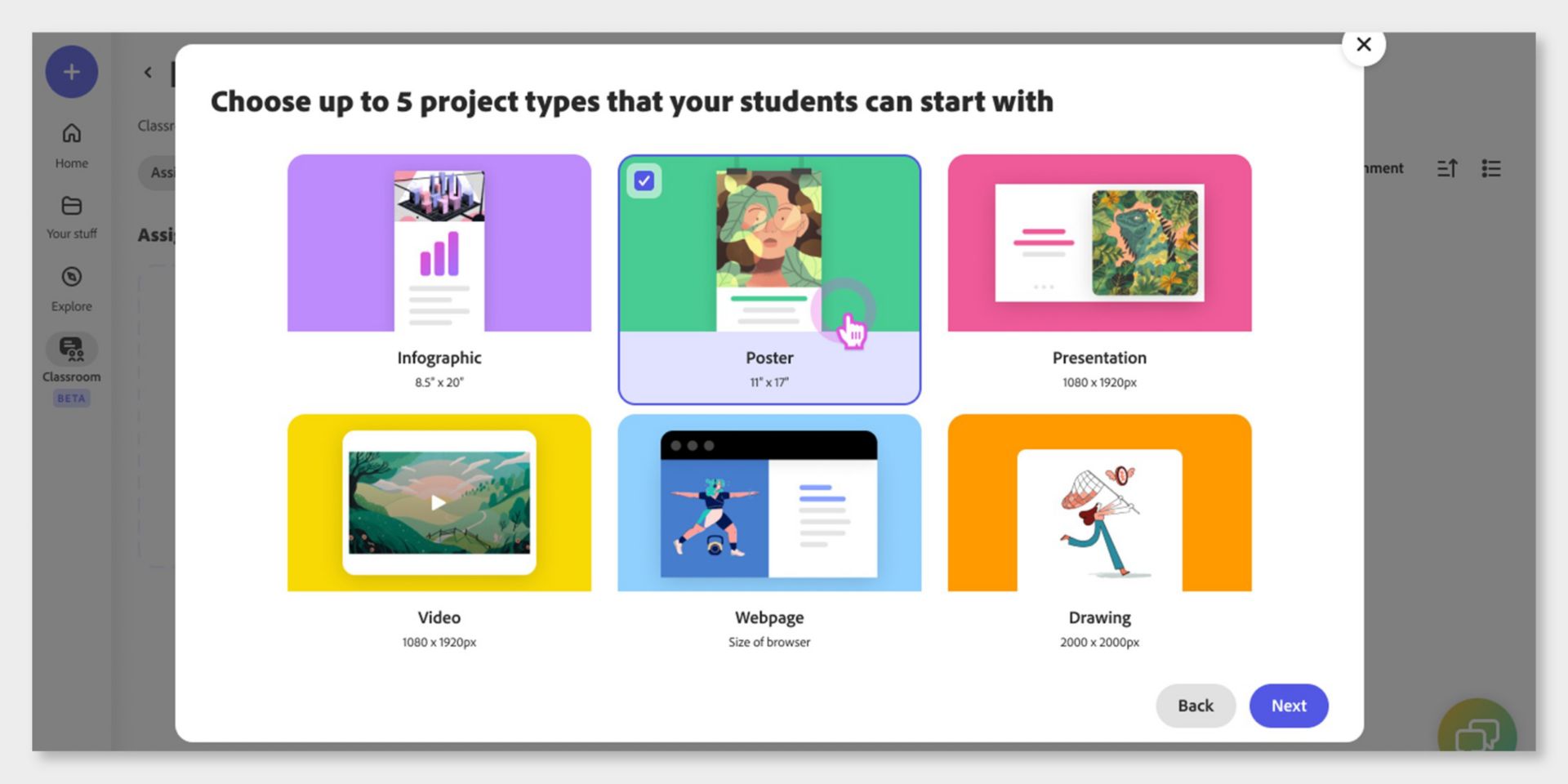   En dialogruta med projekttypen öppnas där pedagogen kan välja mellan maximalt fem projekttyper, däribland dessa alternativ: Infografik, Affisch, Presentation, Video, Webbsida och Teckning