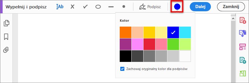 Wybór koloru do wypełnienia formularza