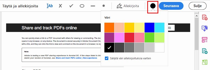 Valitse väri lomakkeen täyttämistä varten