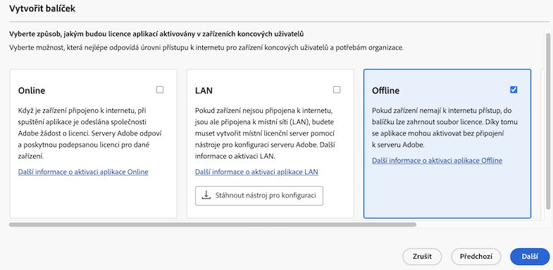 Volba offline aktivace