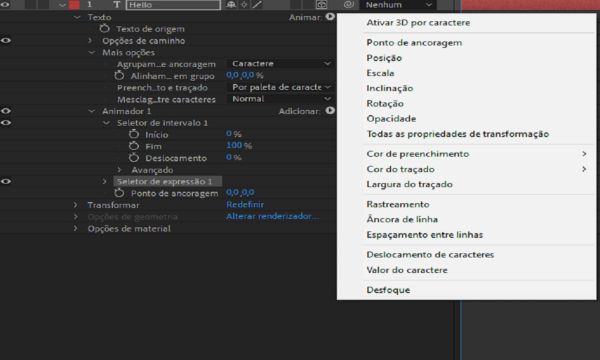 Escolha uma propriedade no menu Animar