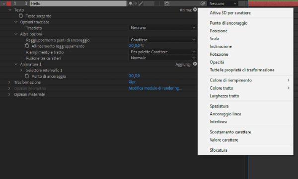 Scegliere una proprietà dal menu Animazione