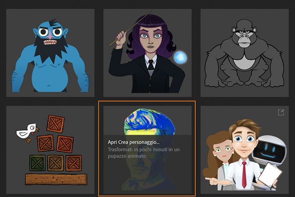 Crea personaggio nella schermata iniziale di Character Animator.