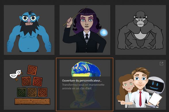 Personnificateur dans l’écran d’accueil de Character Animator.