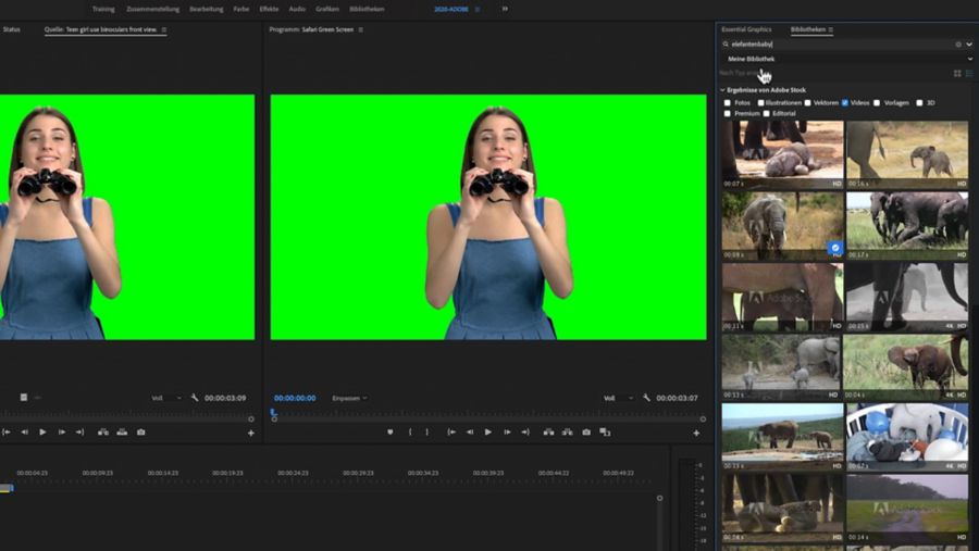 Screenshot von Adobe Premiere Pro. Der Programmmonitor zeigt eine junge Frau mit Fernglas vor einem Greenscreen.