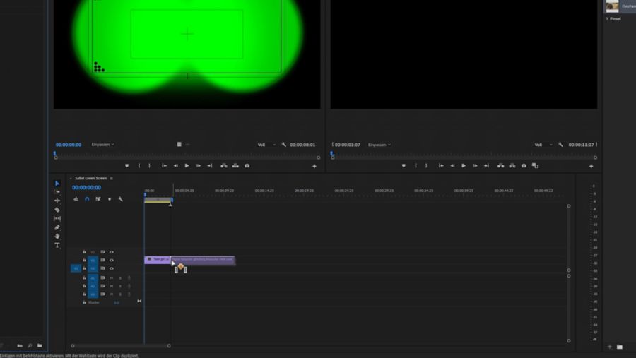 Adobe Premiere Pro-Screenshot. Video-Clip wird per Drag-and-Drop auf V2 platziert. Im Player ist ein Greenscreenclip zu sehen