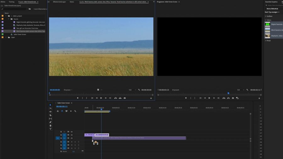 Premiere Pro. Adobe Stock-Clip einer afrikanischen Savanne wird per Drag-and-Drop auf V1 im Schnittfenster platziert.