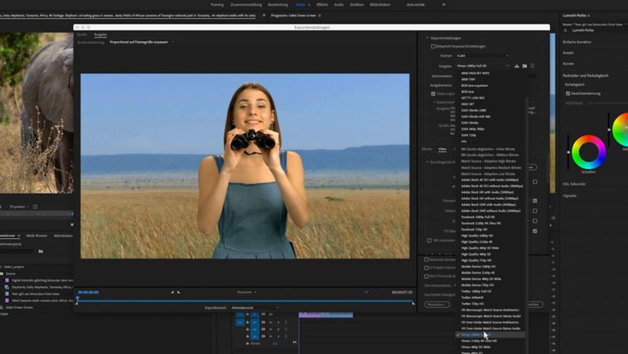 Adobe Premiere Pro. Im Dialogfeld „Exportieren“ wird die 1080p HD Vimeo-Vorgabe für die Formateinstellung .h264 ausgewählt.