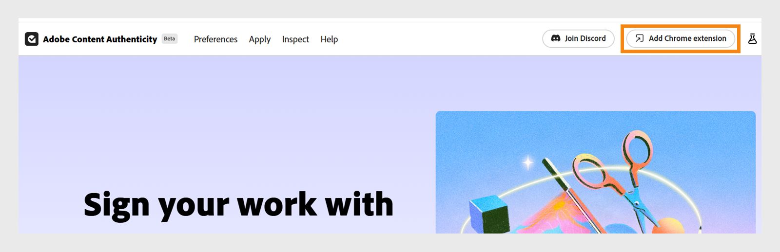Øverst til højre på startsiden for Adobe Content Authenticity skal du vælge knappen Tilføj Chrome-udvidelse, som er skrevet med sort og har gråt omrids. 