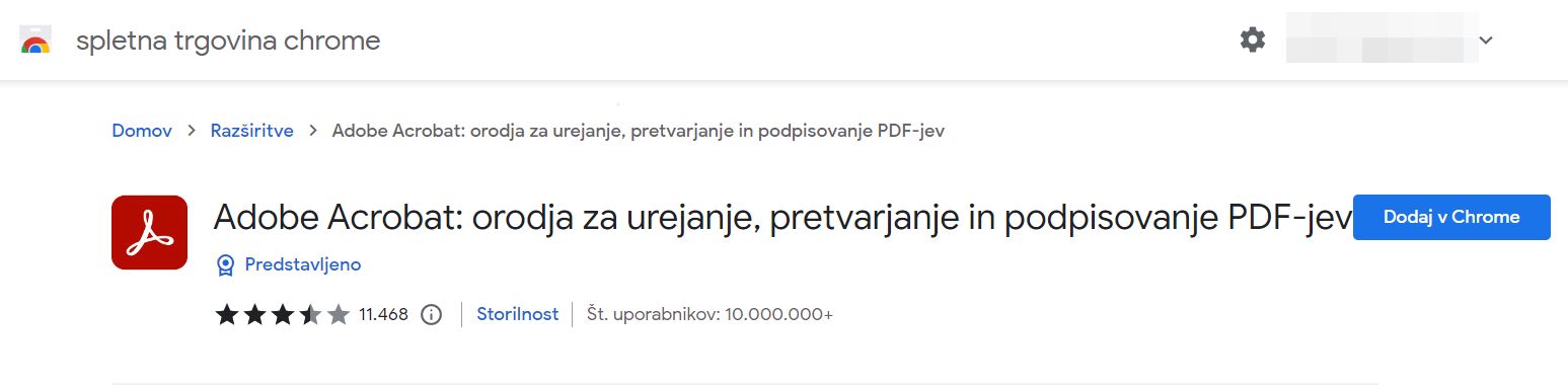 Razširitev programa Acrobat za brskalnik Chrome