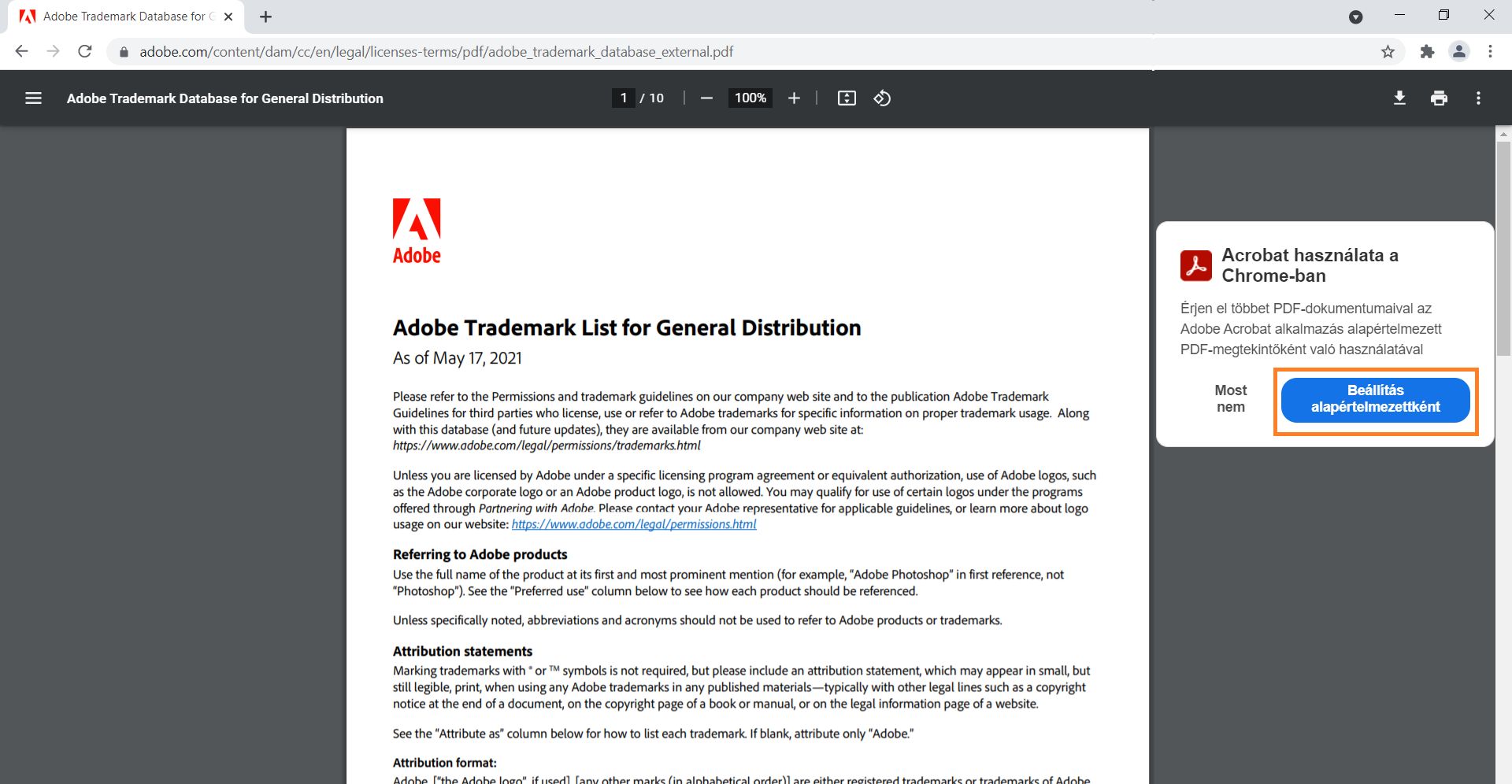 Acrobat megtekintő beállítása alapértelmezettként