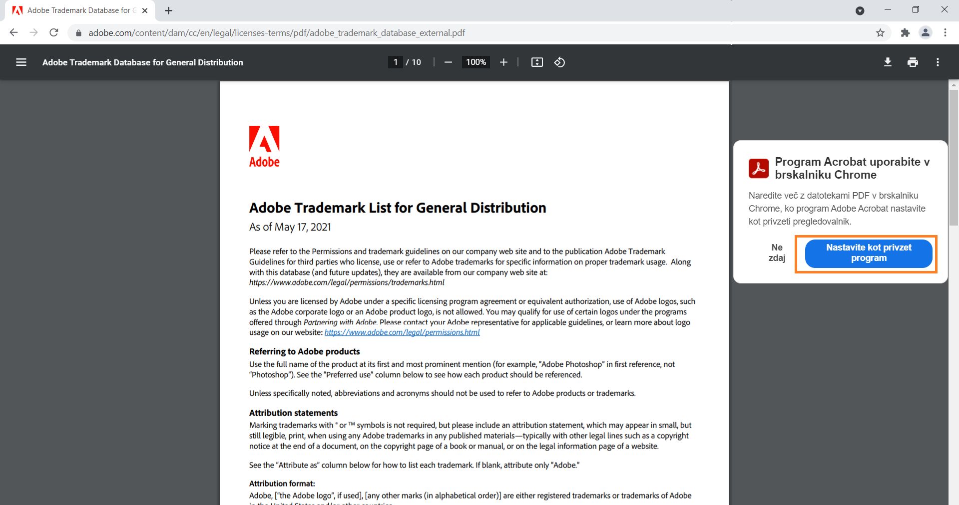 Nastavite program Acrobat Viewer kot privzeti program