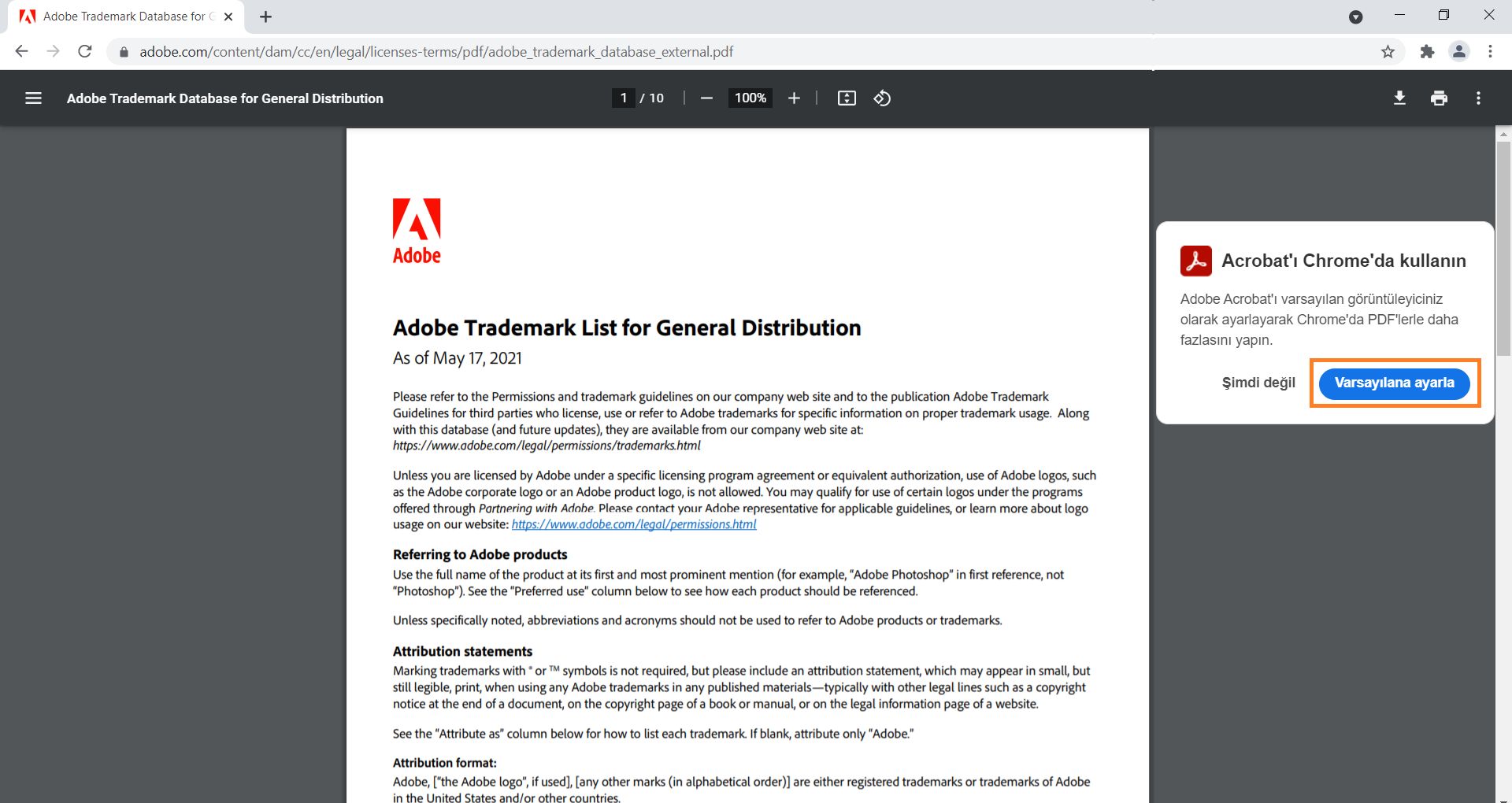 Acrobat görüntüleyiciyi varsayılan uygulama yapma