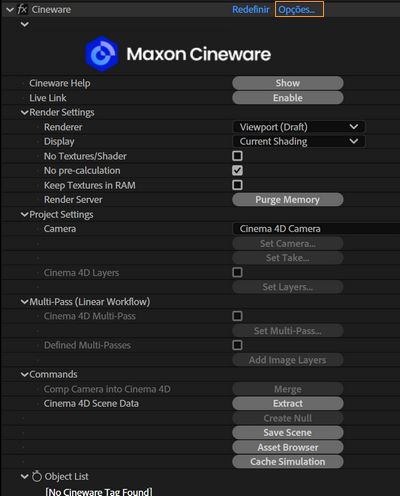 Configurações do Cineware