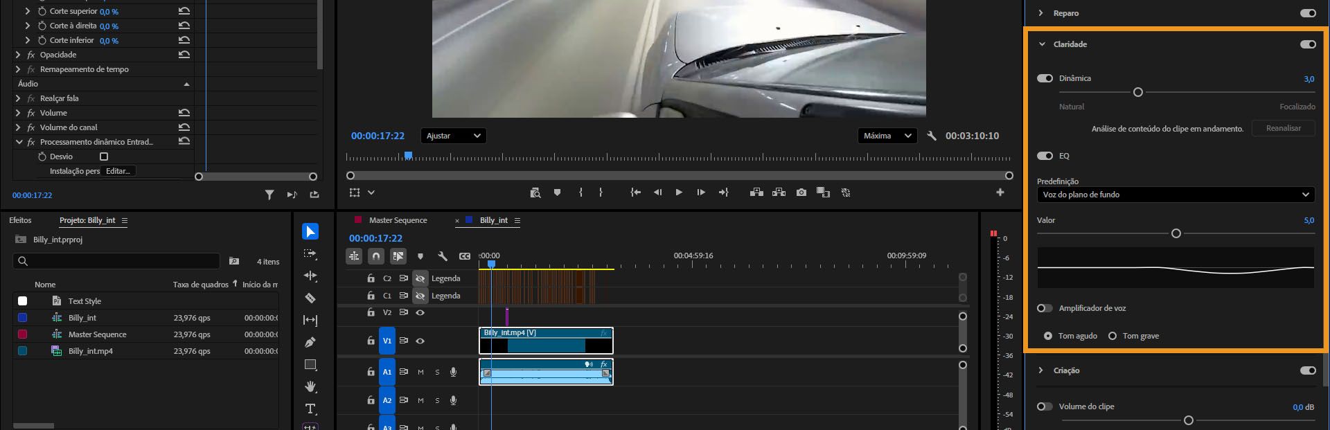 Menu suspenso “Clareza” no painel “Áudio essencial”, com opções de refinar a nitidez e os detalhes do diálogo.