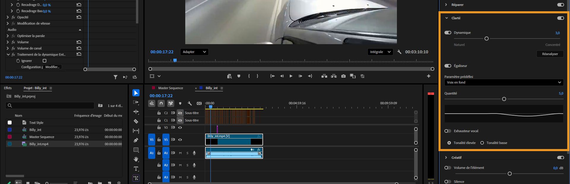 Menu déroulant Clarté dans le panneau Son essentiel avec des options pour affiner la netteté et les détails du dialogue.
