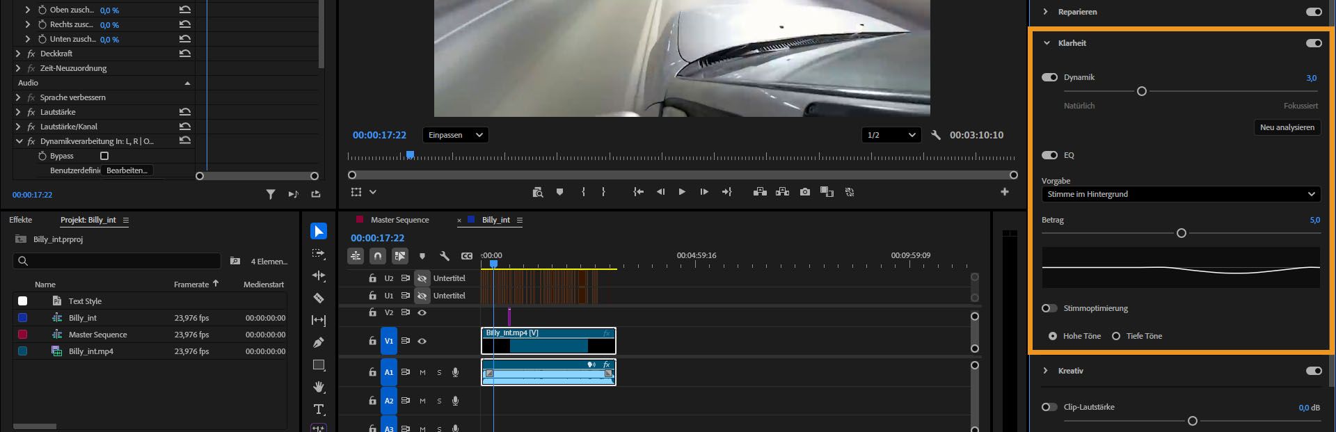 Dropdown-Menü „Klarheit“ im Bedienfeld „Essential Sound“ mit Optionen zur Verfeinerung der Dialogschärfe und Detailgenauigkeit.