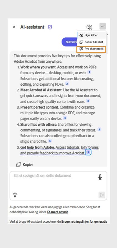 Ellipseikonet øverst til højre er valgt. Indstillingen Ryd chathistorik er fremhævet på skærmen for Acrobats AI-assistent.