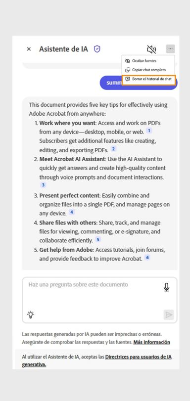 Se selecciona el icono de elipsis en la parte superior derecha. La opción Borrar historial de chat aparece resaltada en la pantalla del Asistente de IA de Acrobat.