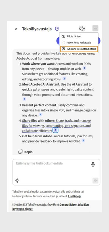 Oikeassa yläkulmassa oleva kolmen pisteen kuvake on valittuna. Tyhjennä keskusteluhistoria -vaihtoehto on korostettuna Acrobatin AI Assistant -näytössä.