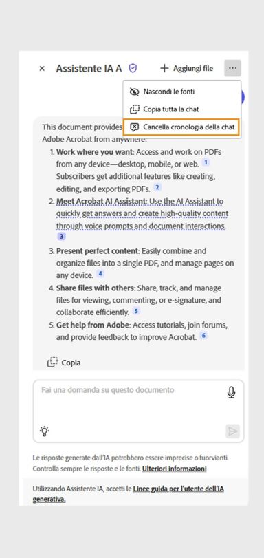 L’icona con i puntini di sospensione in alto a destra è selezionata. Opzione Cancella cronologia della chat evidenziata nella schermata Assistente IA di Acrobat.