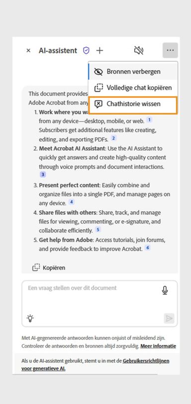 Het ellipspictogram rechtsboven is geselecteerd. De optie Chatgeschiedenis wissen is gemarkeerd in het scherm AI-assistent van Acrobat.