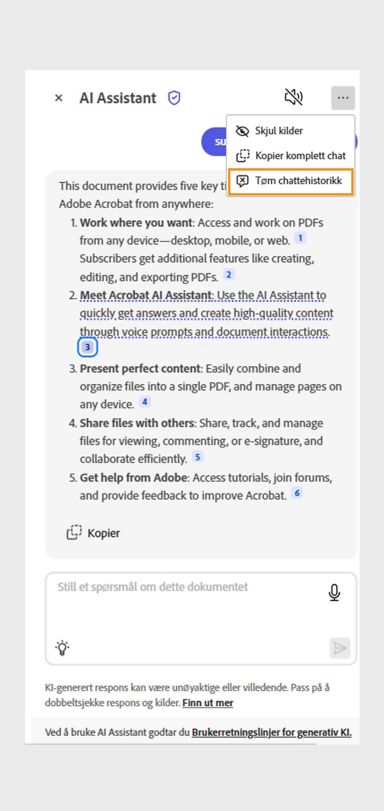 Ellipseikonet øverst til høyre velges. Alternativet Fjern chattehistorikk er uthevet på Acrobats AI Assistant-skjerm.