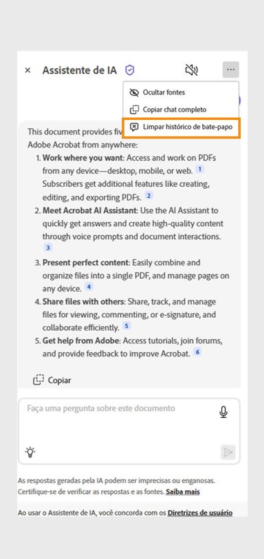 O ícone de reticências no canto superior direito é selecionado. A opção Limpar histórico de bate-papo é destacada na tela do Assistente de IA do Acrobat.