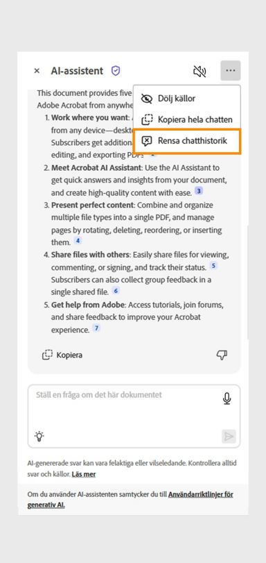 Ikonen med tre prickar längst upp till höger har valts. Alternativet Rensa chatthistorik är markerat på AI-assistentens skärm i Acrobat.