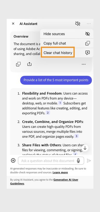 Pinili ang icon ng ellipsis sa kanang itaas. Ang malinaw na opsyon sa history ng chat ay naka-highlight sa screen ng AI Assistant ng Acrobat.