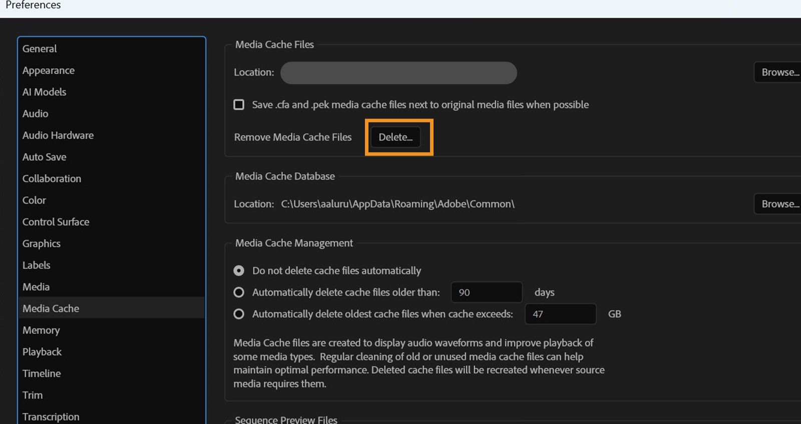 Das Dialogfeld „Voreinstellungen“ ist geöffnet und die Optionen „Medien-Cache“ und „Löschen“ sind hervorgehoben. Wähle „Löschen“ aus, um den Medien-Cache zu löschen. 