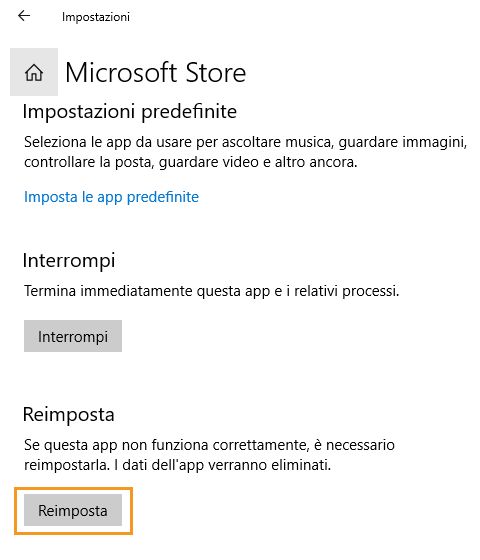 Fai clic su Reimposta per reimpostare Microsoft Store