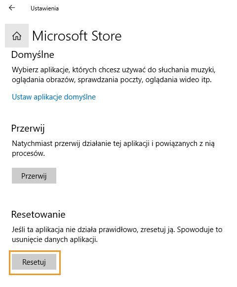 Kliknij przycisk Resetuj, aby zresetować sklep Microsoft Store