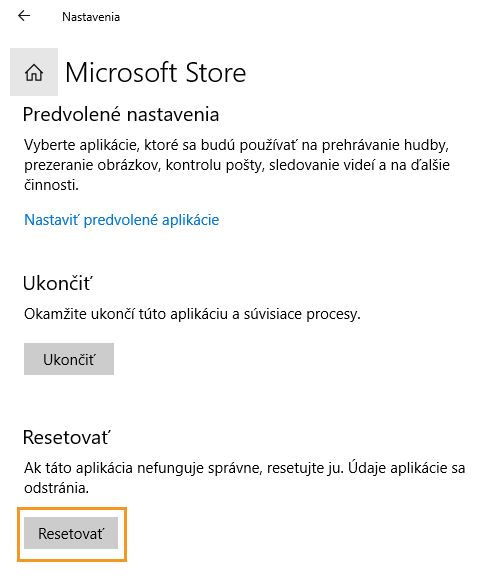 Microsoft Store resetujete kliknutím na Resetovať