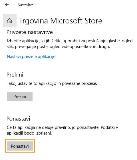 Kliknite Ponastavi za ponastavitev Microosoft Storey