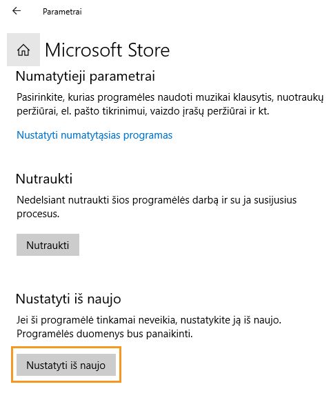 Spustelėkite „Nustatyti iš naujo“ ir nustatykite „Microsoft Store“ iš naujo.