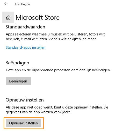 Klik op Opnieuw instellen om Microsoft Store opnieuw in te stellen