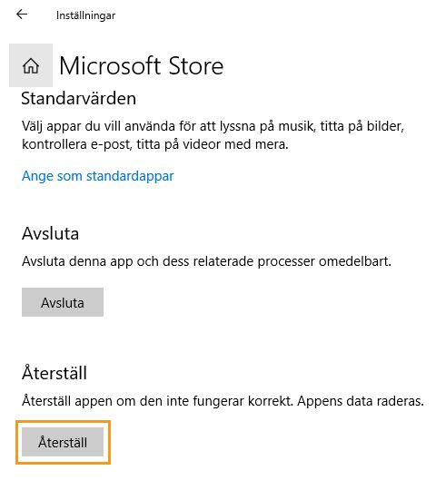 Klicka på Återställ för att återställa Microsoft Store