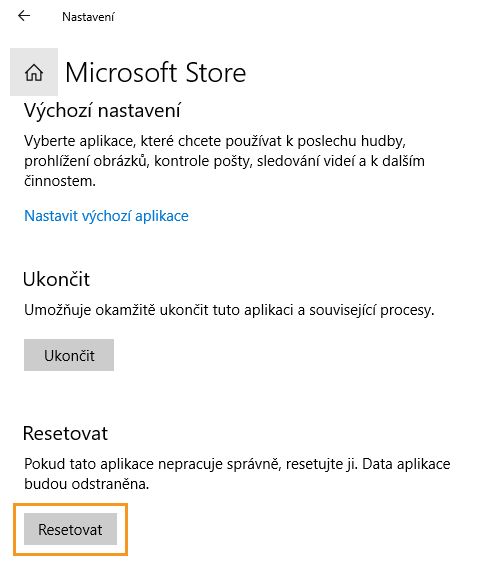 Kliknutím na možnost Resetovat obnovíte aplikaci Microsoft Store.