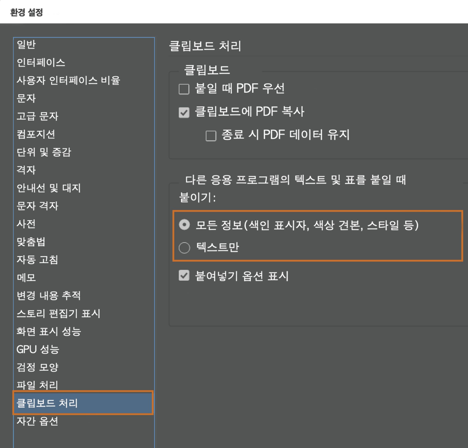 클립보드 처리의 붙여넣기 옵션