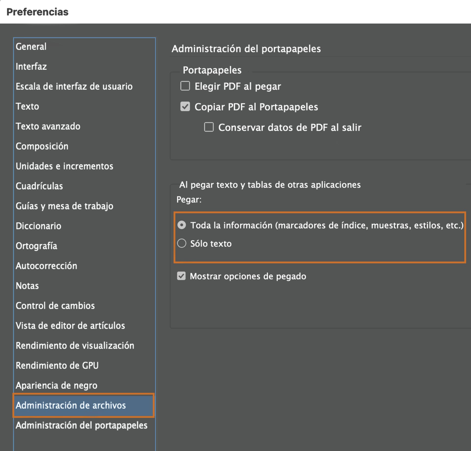Opciones de pegado en la administración del portapapeles