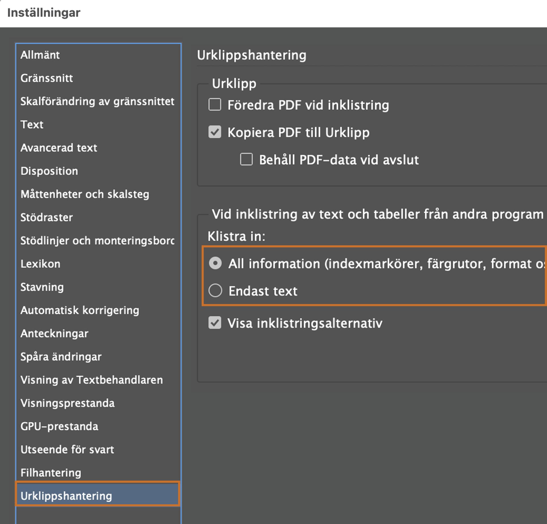 Inklistringsalternativ vid urklippshantering