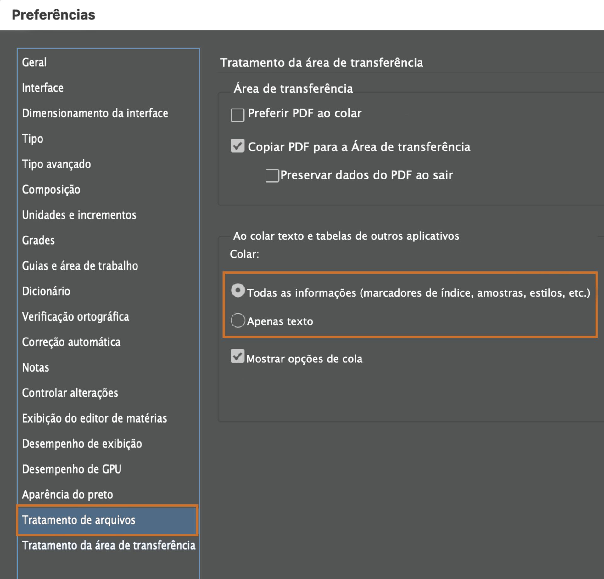 Opções de colagem em Tratamento da área de transferência