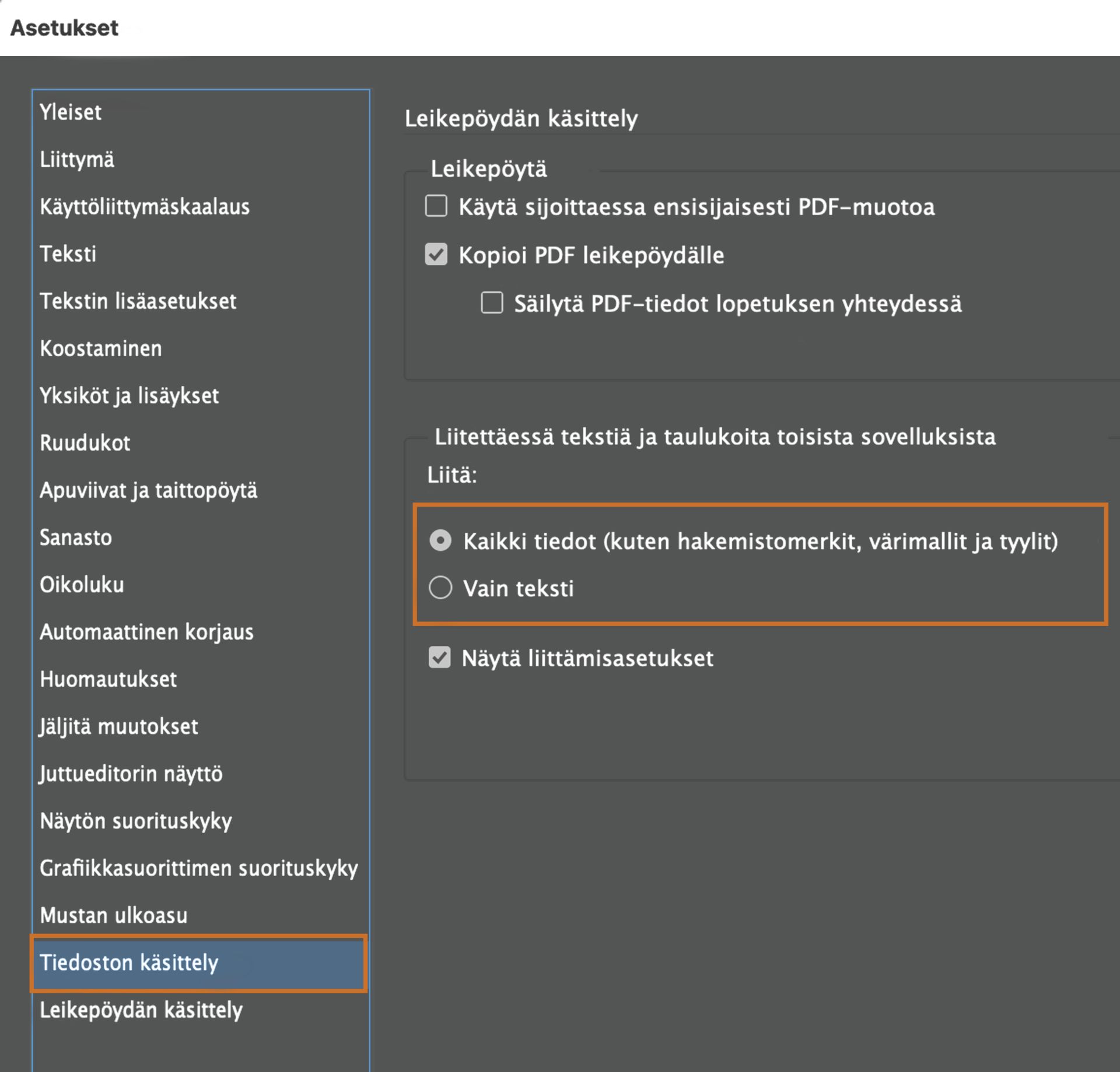 Liittämisasetukset leikepöydän käsittelyssä