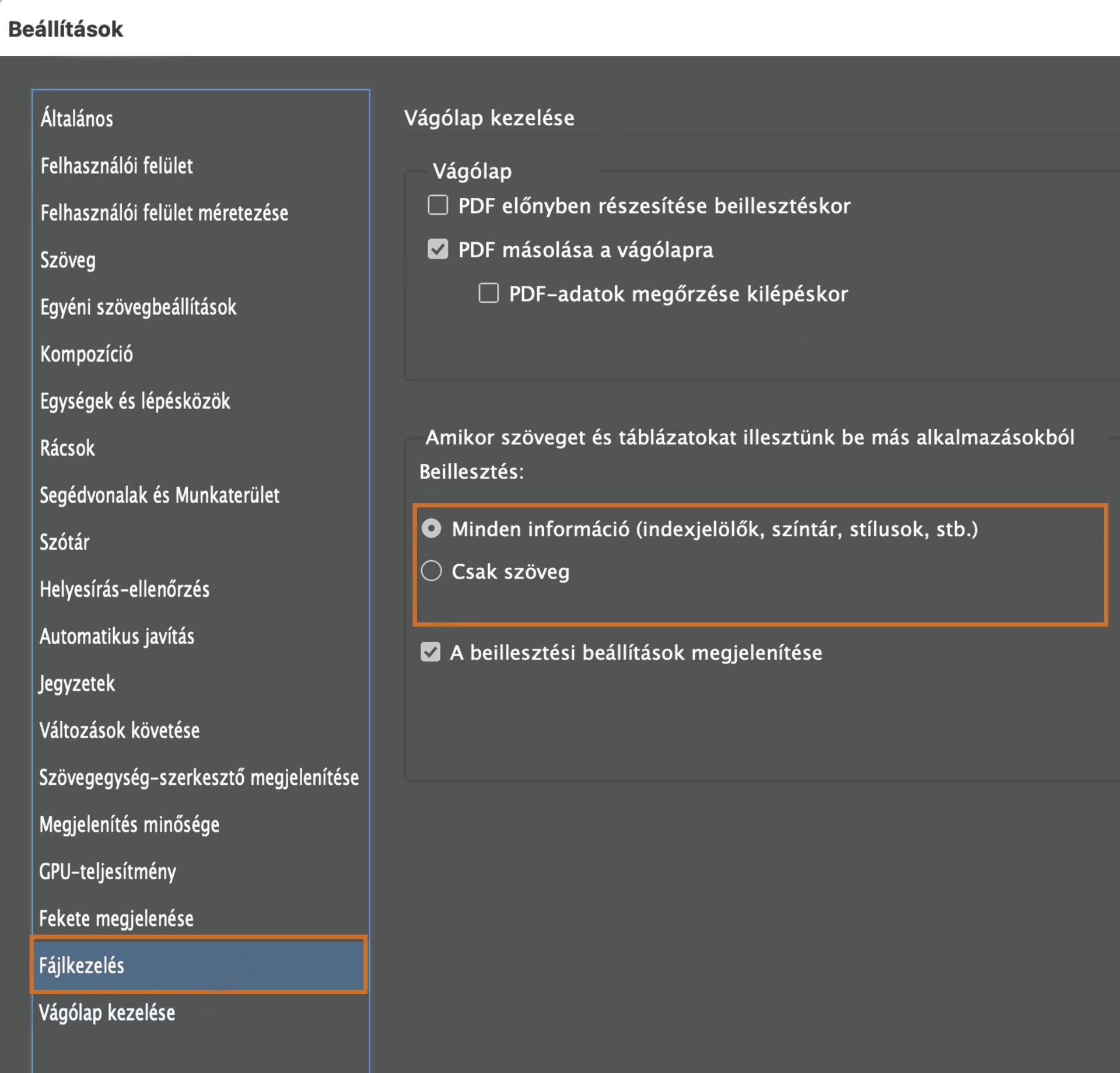 Beillesztési lehetőségek a vágólap kezelésében