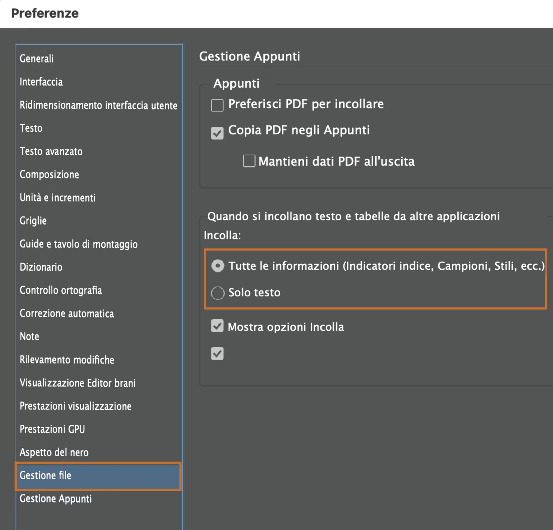 Opzioni per incollare nella gestione degli appunti