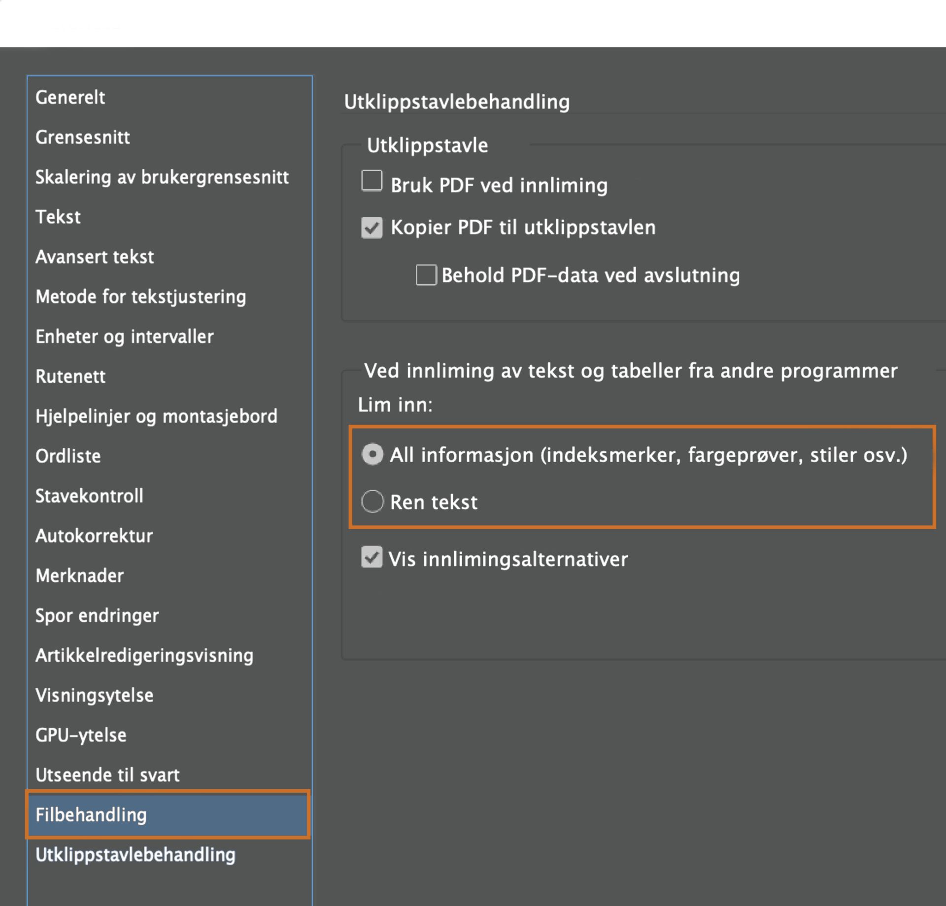 Alternativer for å lime inn i utklippstavlebehandling