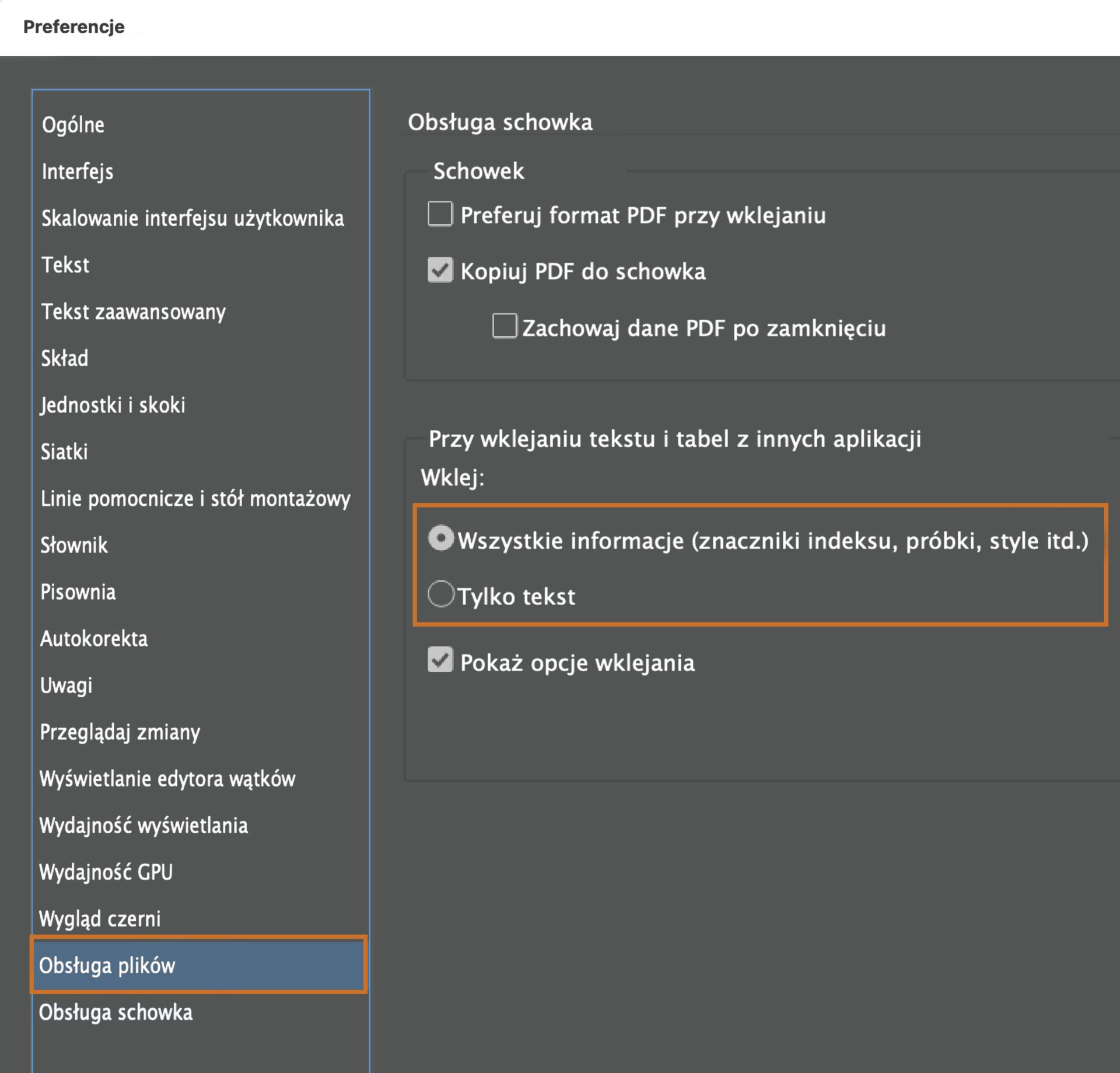 Opcje wklejania w obsłudze schowka