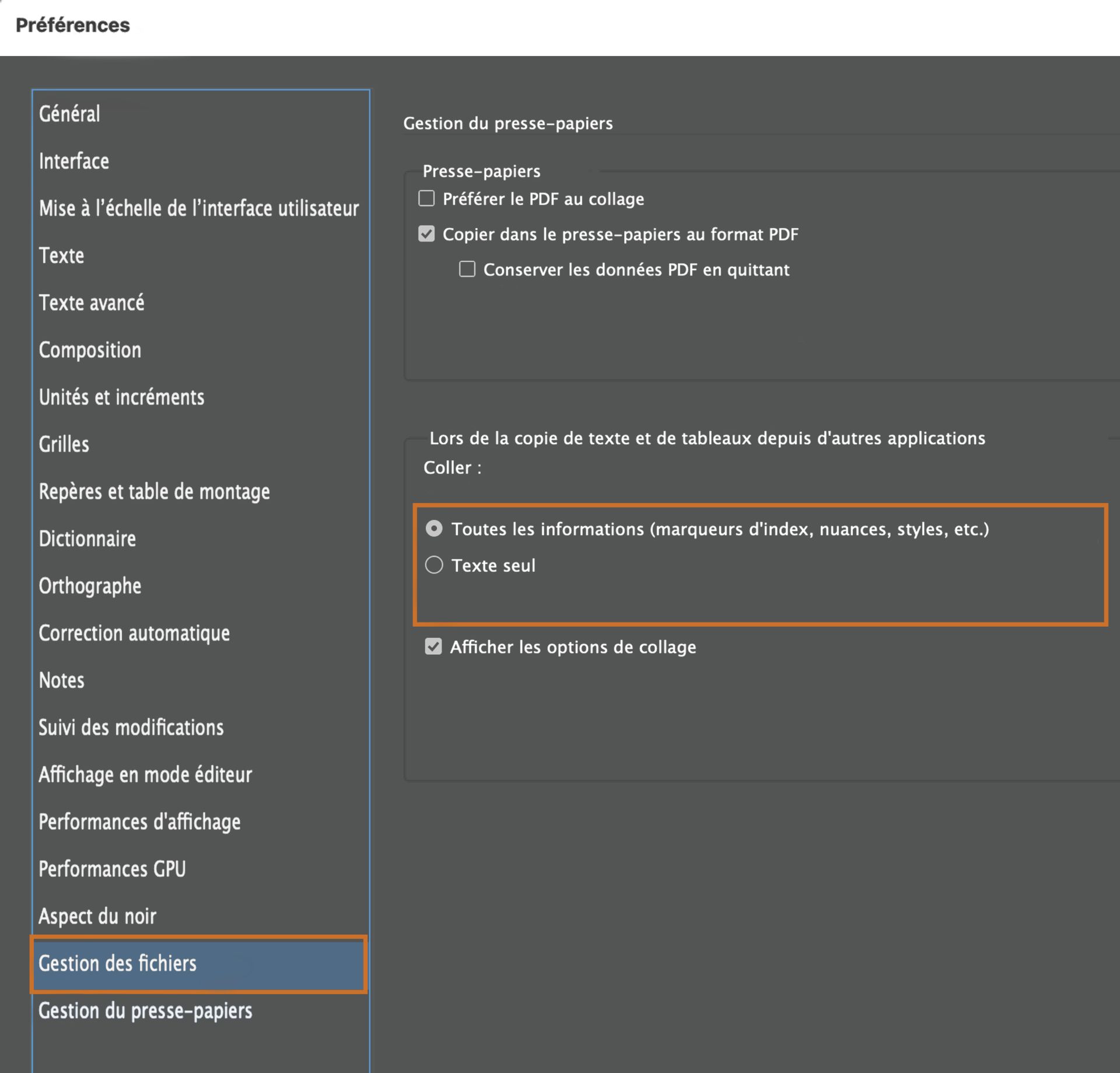 Options de collage dans la gestion du presse-papiers